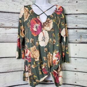 P.S. Kate Floral Criss Cross Knot Hem Top 3/4 Sleeve Green Large